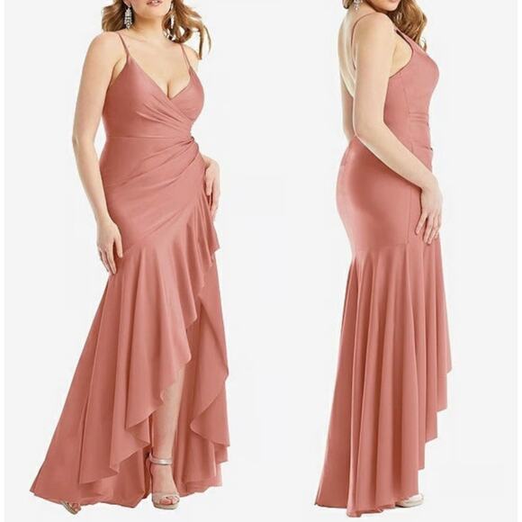 Cynthia & Sahar Dresses & Skirts - NWT Cynthia & Sahar Statin XXL Pleated
Wrap Ruffled Satin Desert Rose Fairy FLAW